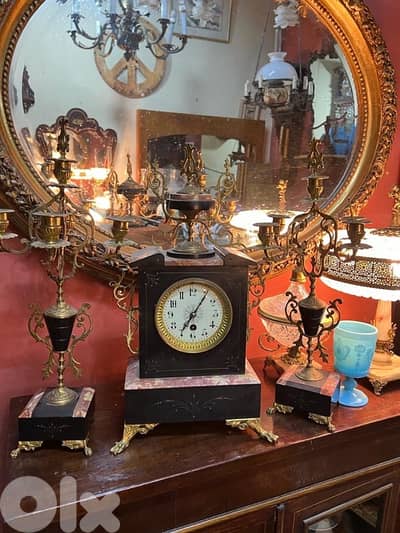 frensh set antique طقم غروب ساعة و شمعدان برونز فرنسي ناعم روعة
