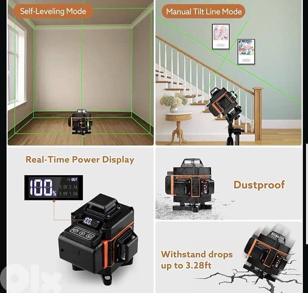 4D Laser Level,360°, 16 Lines Self-Leveling 2 Rechargeable Batteries. 3