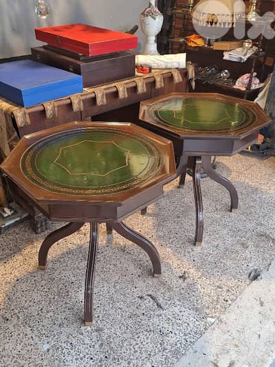 2 antique english leather top tables