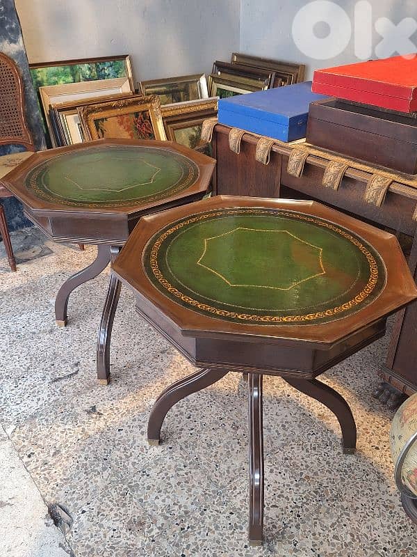2 antique english leather top tables 1
