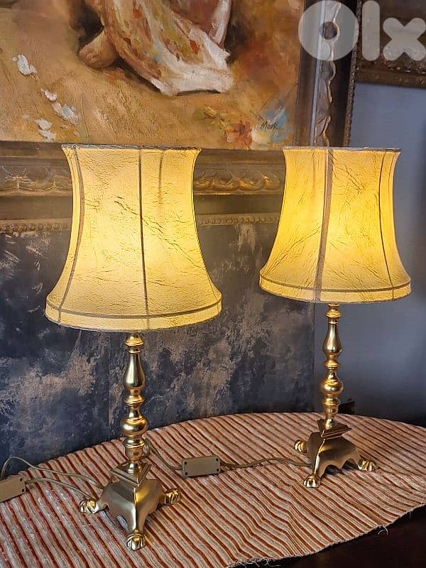 2 antique brass and leather lamps 1