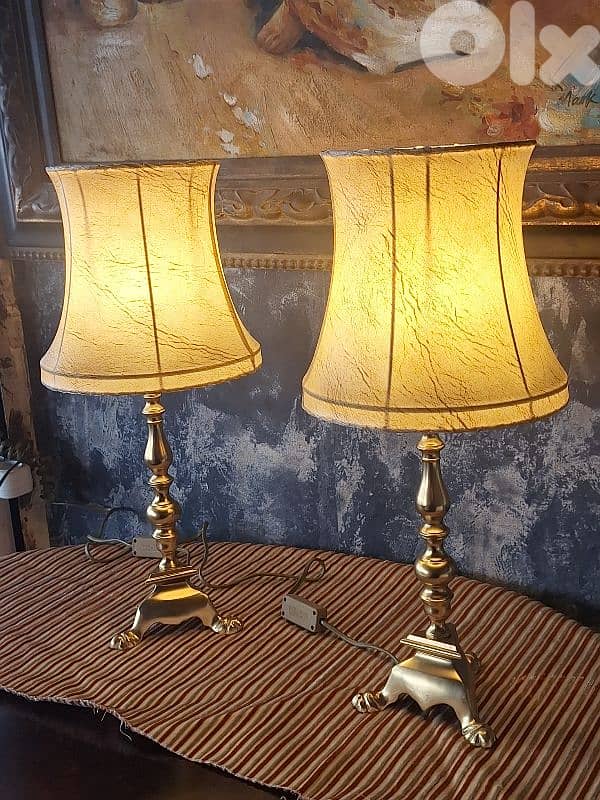 2 antique brass and leather lamps 2