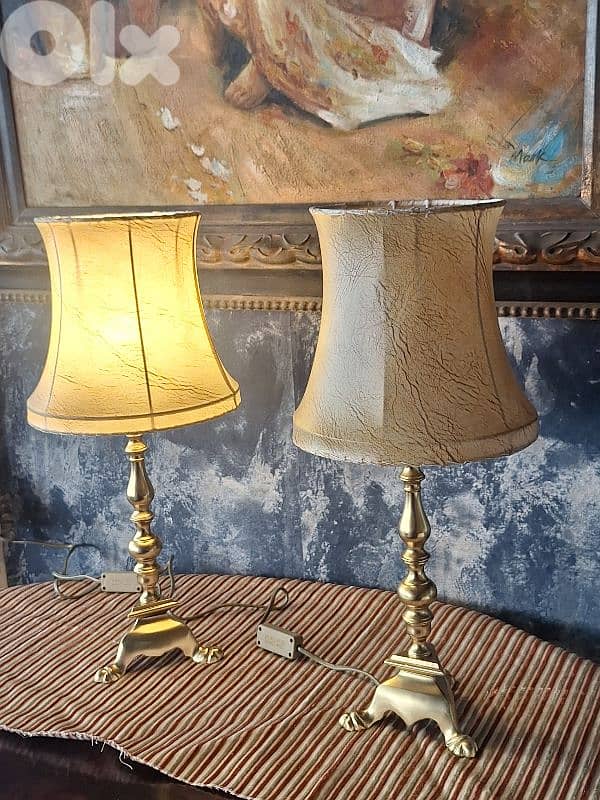 2 antique brass and leather lamps 3