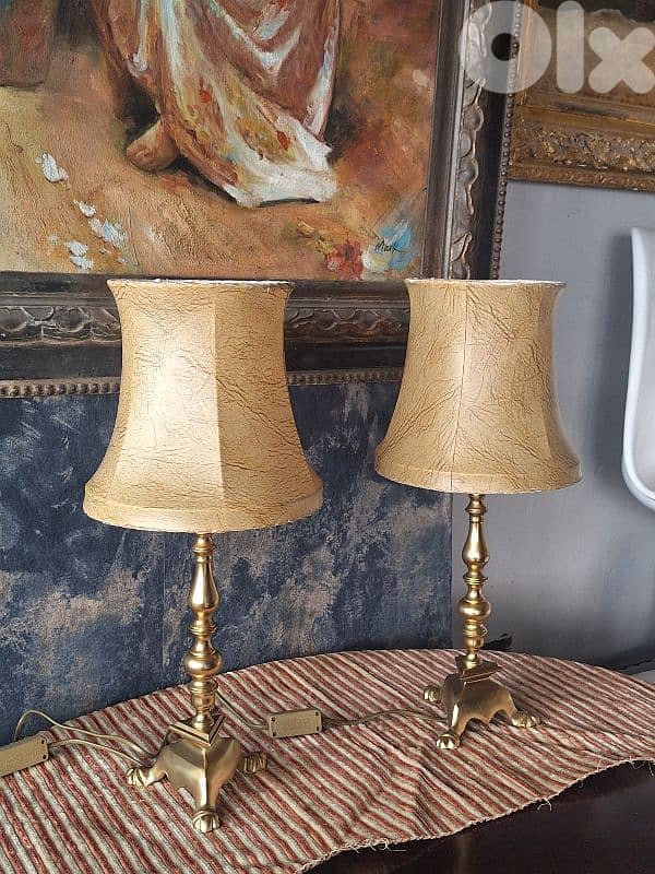 2 antique brass and leather lamps 5
