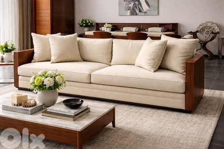Modern Beige Sofa with Solid Wood Arms – Like New