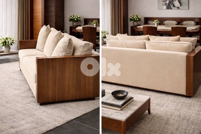 Modern Beige Sofa with Solid Wood Arms – Like New 1