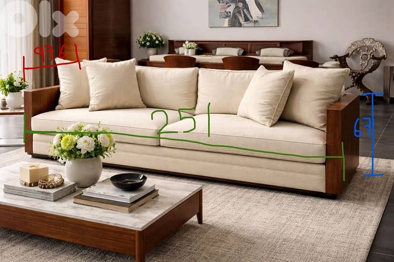 Modern Beige Sofa with Solid Wood Arms – Like New 2