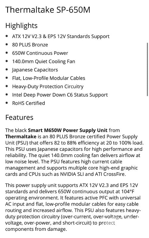 Power Supply 650w Thermaltake SP-650M 1