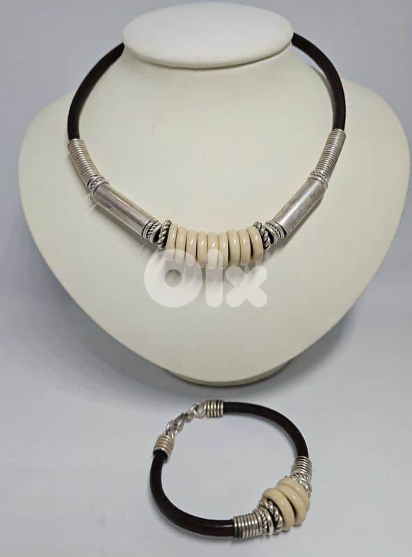 25$ vintage bone off white & silver tone necklace & bracelet 2