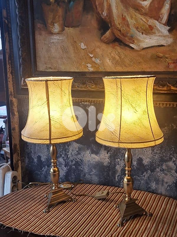 2 antique french leather and brass lamps 1