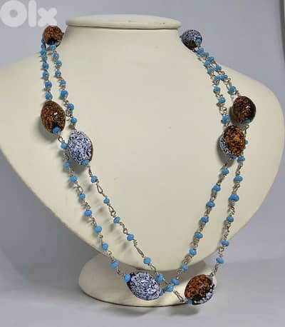 8$ blue brown enamled beaded necklace