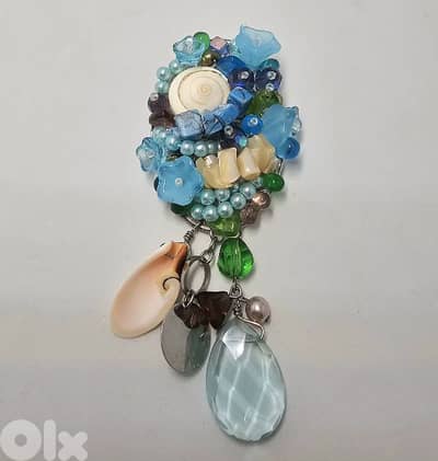 6$ handmade beaded seashell blue brooch