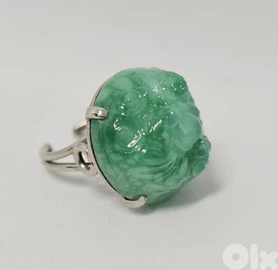 Vintage Mid Century Mottled flower Green Peking Glass Adjustable ring