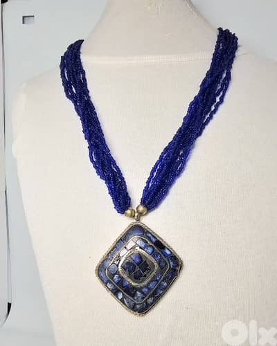 vintage necklace inlaid blue lapis lazuli gemstones square pendant