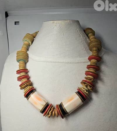 vintage Monet cream tube red beads tribal choker necklace