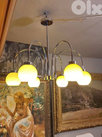 midcentury chrome and opaline chandelier