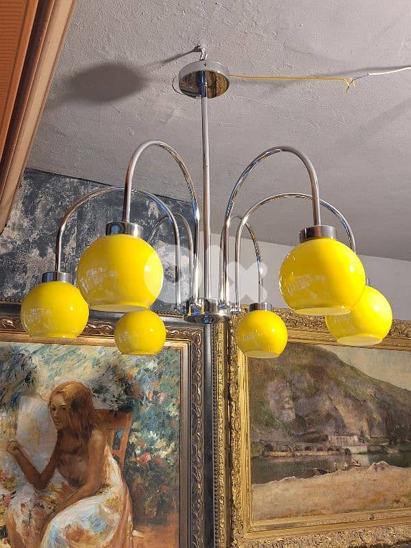 midcentury chrome and opaline chandelier 2
