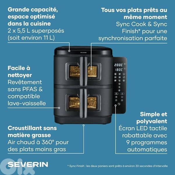 Severin Duo Stack Hot Air Fryer programmable+2 Baskets 5.5 littrs each 12