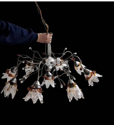 Lustre suspension 8 lumières en verre décoratif – très bon état