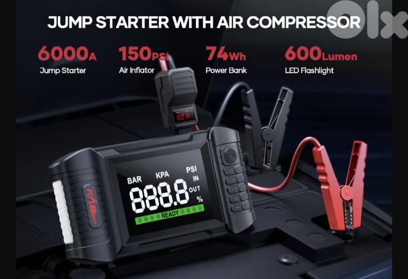 FLYLINKTECH Jump Starter Power Pack with 150PSI Air Compressor,6000 A 7