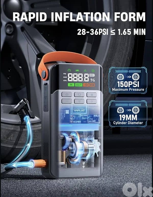 ANFLAG Car Battery Booster Jump Starter with 150PSI Air Compressor 7