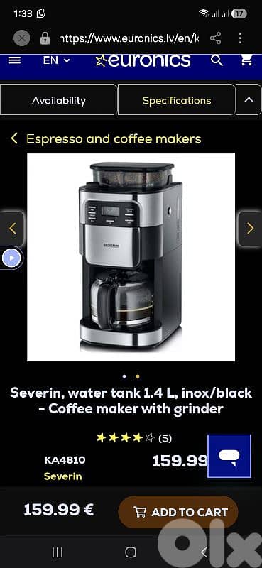 Severin, water tank 1.4 L, inox/black - Coffee maker with grinder 15
