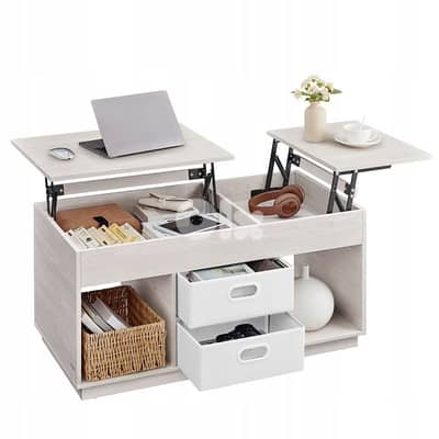 Functional coffee table with extendable top in two directions, beige