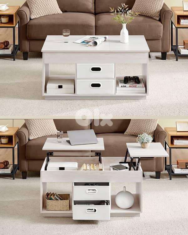 Functional coffee table with extendable top in two directions, beige 1
