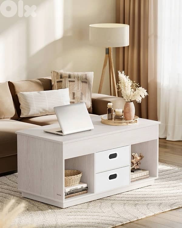 Functional coffee table with extendable top in two directions, beige 2