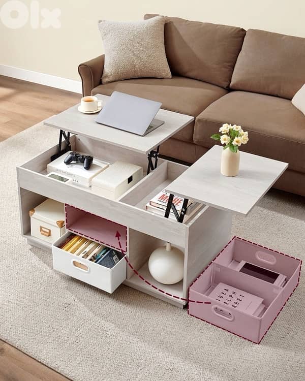 Functional coffee table with extendable top in two directions, beige 3