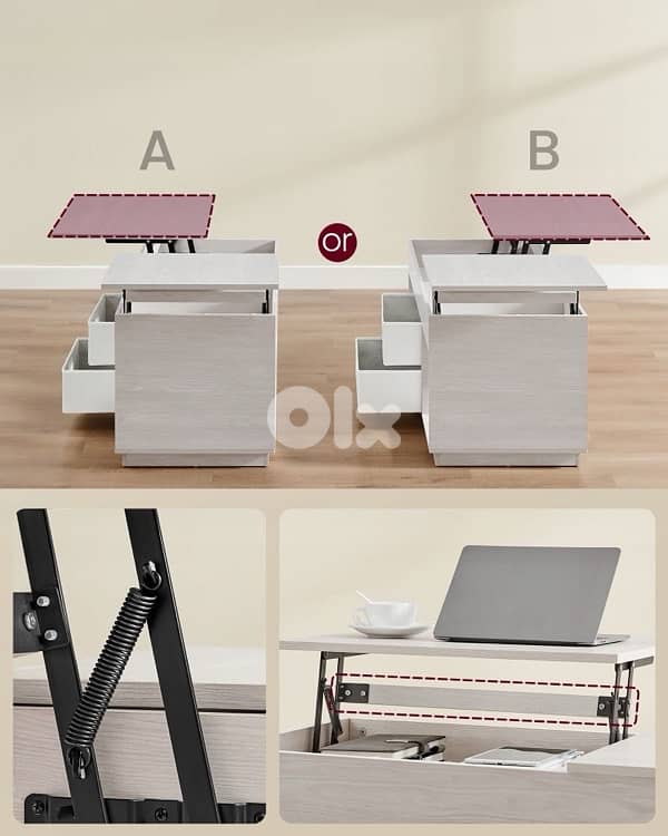 Functional coffee table with extendable top in two directions, beige 4