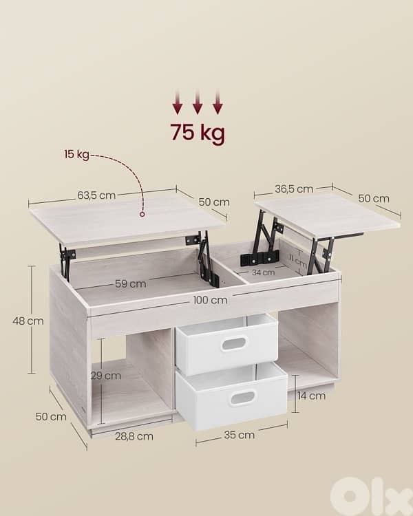 Functional coffee table with extendable top in two directions, beige 5
