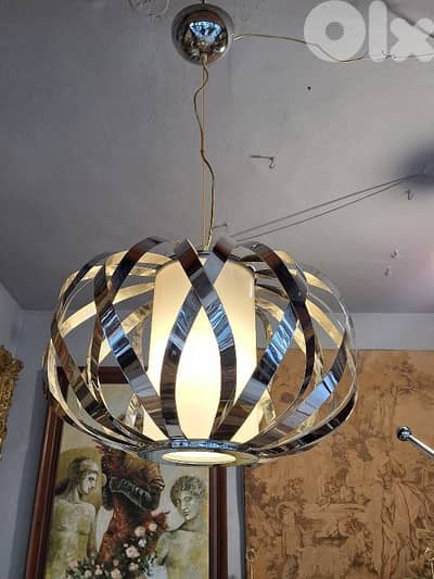 vintage midcentury chrome and opaline chandelier