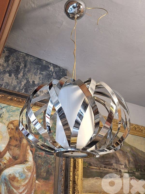 vintage midcentury chrome and opaline chandelier 2