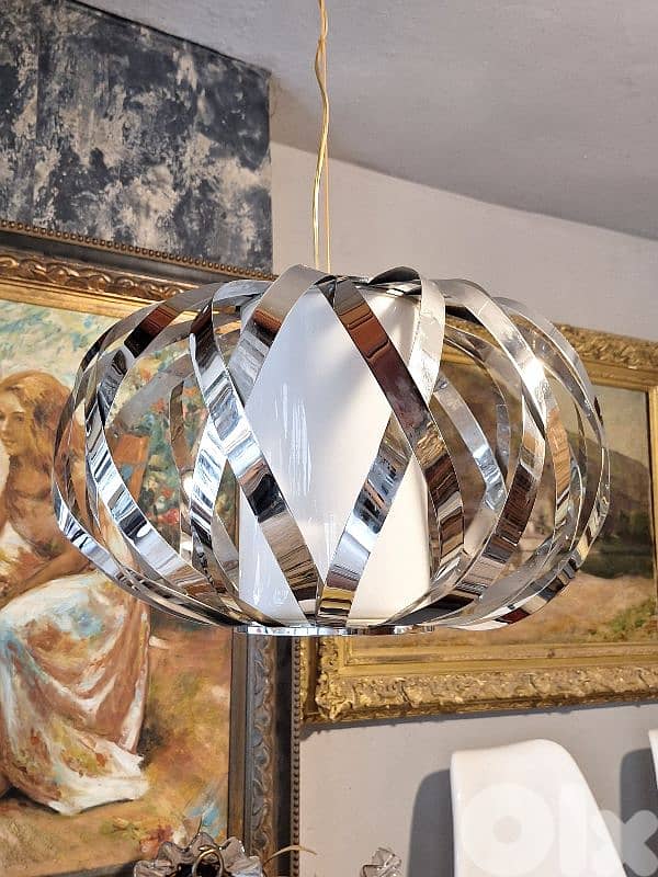 vintage midcentury chrome and opaline chandelier 3