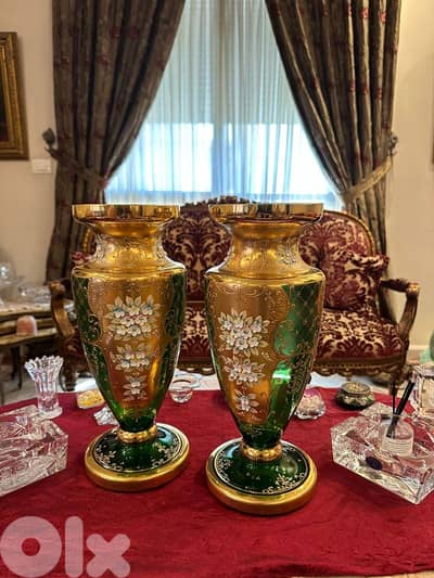 large pair of green bohemian glass vase with gold overlays 45cm