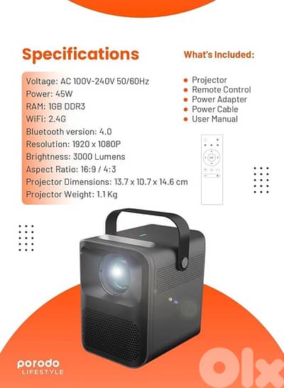 porodo full hd projector rechargeable portable