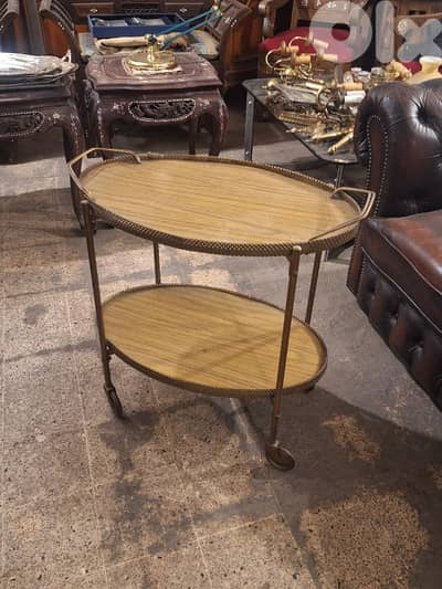 antique wood and brass removable trays trolley