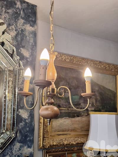 antique flemish 3 lamps wood and brass chandelier