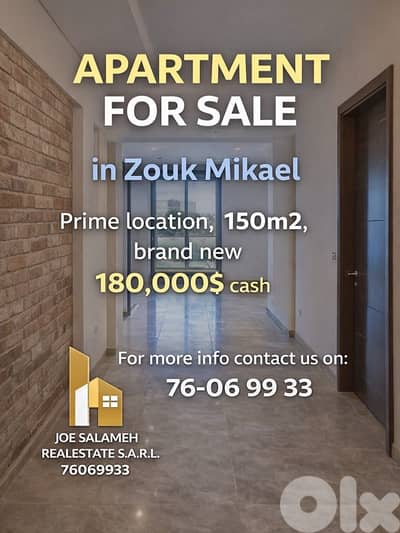 Brand New 150m2 apartment for sale in Zouk Mikael/زوق مكايل
