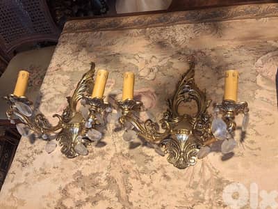 pair of antique brass wall lamps