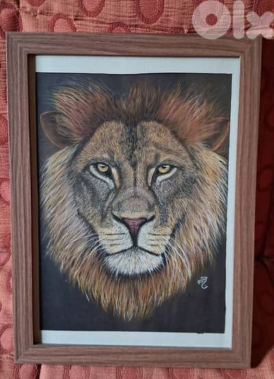 لوحة أسد رسم يدوي بالباستال lion pastel painting