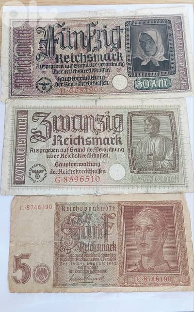 Set of Three Nazi German Banknotes Era of World War Two