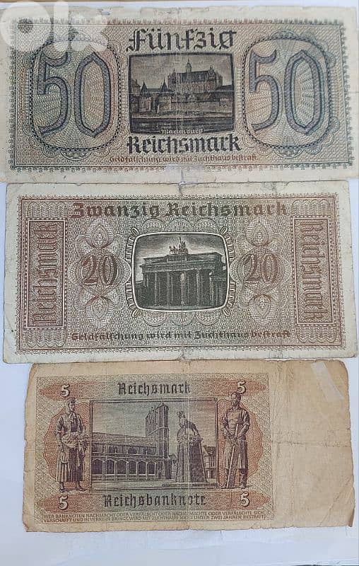 Set of Three Nazi German Banknotes Era of World War Two 1