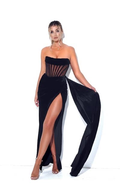 Black Draping Corset High Slit Velvet Gown