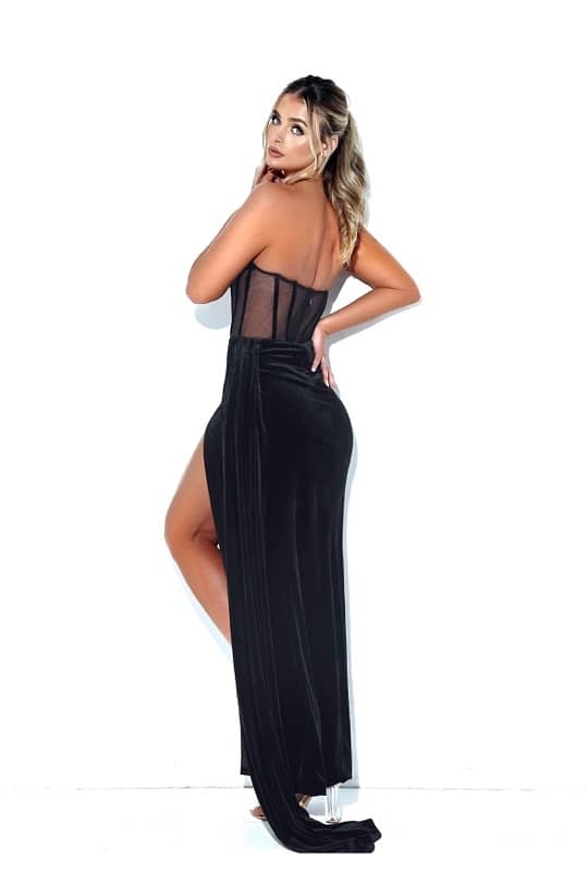 Black Draping Corset High Slit Velvet Gown 2