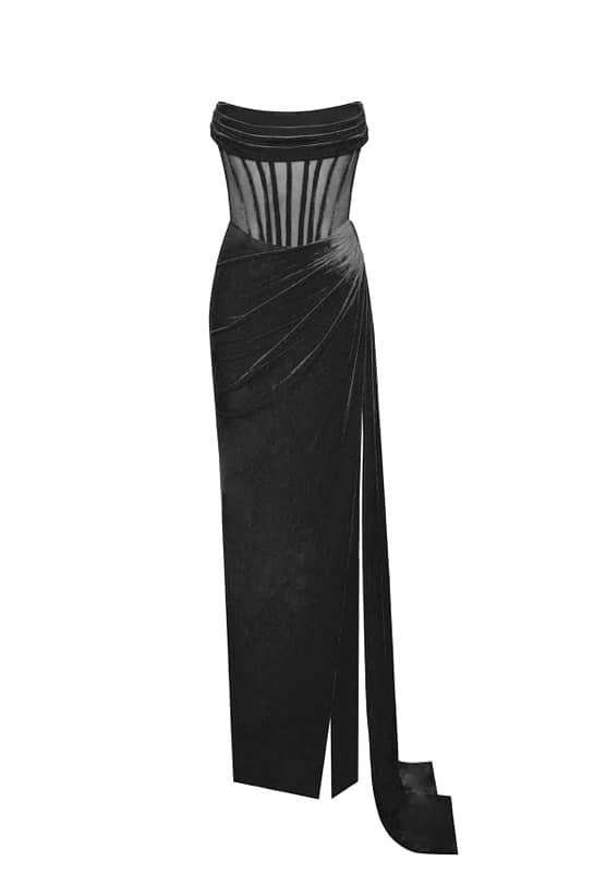 Black Draping Corset High Slit Velvet Gown 3