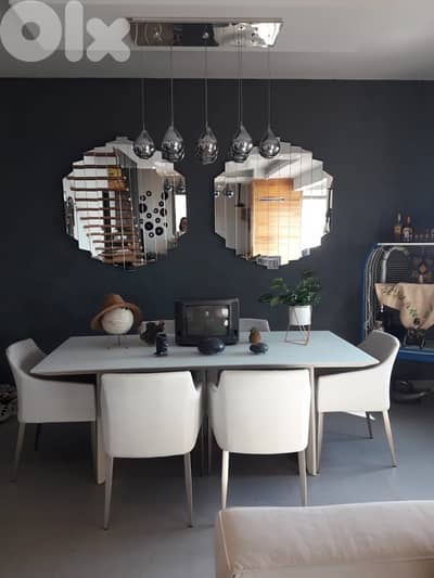 Modern Dining Set – Table, 6 Chairs, Mirrors & Chandelier Included
