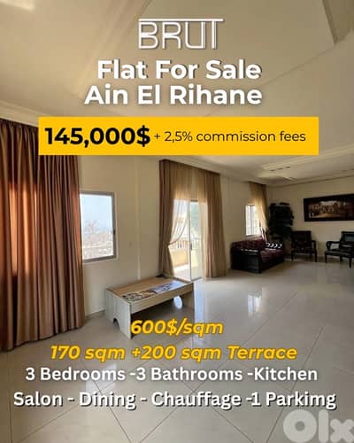 170 sqm +200 swm Terrace apartment for sale in Ain El Rihani -600$/sqm