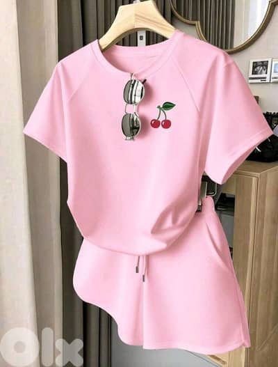 New 2pcs Set Woman Casual Cherry Print T-Shirt & Short